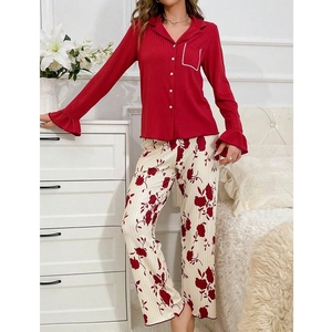 Set Pigiama da Donna Stile Europeo Cardigan con Rever Top a Manica Lunga a Costine e Pantaloni con Stampa Floreale