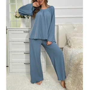 Women's crew neck long sleeve waffle knit pajamas set with loose wide-leg pants