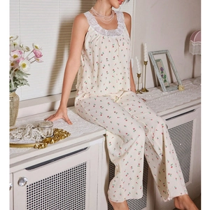 Women Sweet Lace Trim Floral Printed Loungewear Top And Bottom Sleeveless Round Neck Tank And Long Pants Summer Home Service