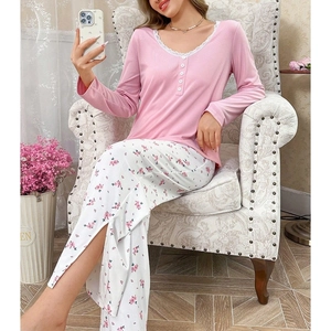 Women's pink V-neck lace pajamas set with floral pants and long sleeves loungewear