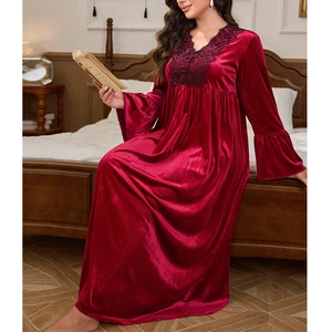 Plus Size Women Velvet Nightgown Elegant V-neck Lace Patchwork Flare Sleeve Long Loungewear Maxi Sleep Dress Home Wear