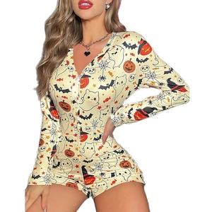 Tutina di Halloween da donna con scollo a V e stampe digitali di zucche e fantasmi