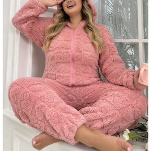 Women's pink hooded plush jumpsuit with heart embossed pattern for winter loungewear