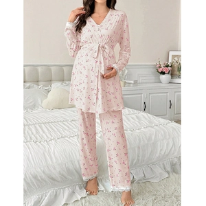 Close-up of pink floral maternity loungewear set with elegant white lace edge details