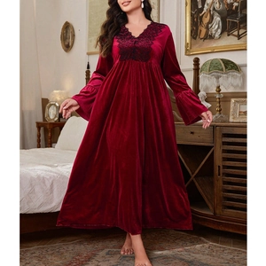 Elegant wine red velvet long nightgown with black lace V-neck and flared sleeves
