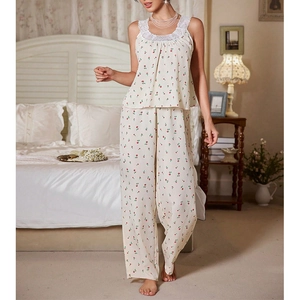 Sleeveless floral pajamas set with white lace trim and cherry print for women