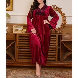 Elegant wine red velvet nightgown with black lace V-neck and flared cuffs for loungewear