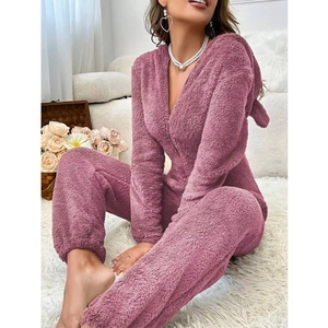 Pyjama Grenouillère en Peluche à Capuche avec Oreilles Femme Manches Longues Col en V Fermeture Éclair Polaire Sherpa