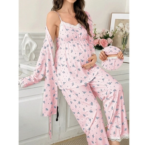 Detail showing the adjustable elastic waistband on floral maternity pajama trousers