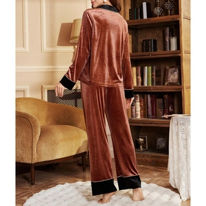 Women's velvet pajama set with V-neck cardigan and long pants in caramel brown