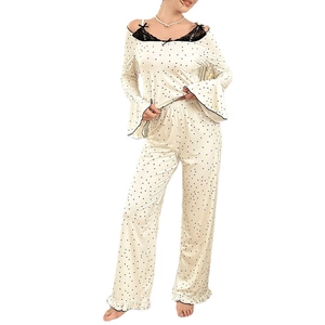 Lace-trim polka dot pajama set with cold-shoulder top and ruffled wide-leg pants