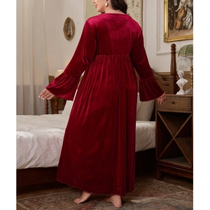 Plus size velvet loungewear dress with bell sleeves and high waist in burgundy color