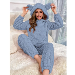 Blue heart-patterned hooded coral fleece pajama set with cute animal ears on hood