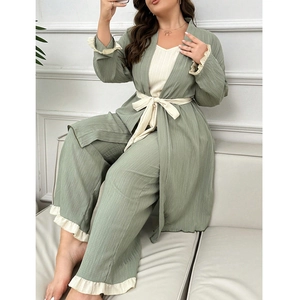 Detailed view of sage green 3-piece loungewear with ruffle cuffs and textured fabric