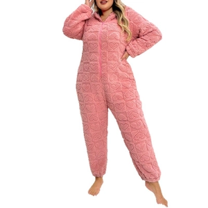 Pink heart patterned hooded fleece jumpsuit with front zipper for warm winter loungewear