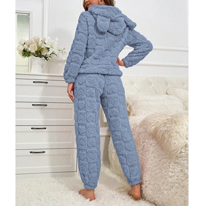 Women thick heart pattern plush hoodie and pants set in light blue loungewear