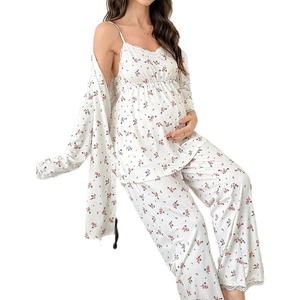 Three-piece floral maternity pajama set with lace camisole, pants and long robe