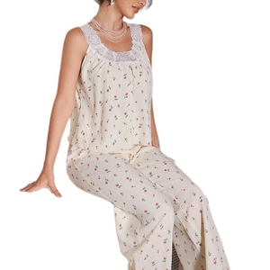 Lace-trimmed cherry print two-piece pajama set with sleeveless top and long pants