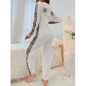 Plush leopard print hooded onesie for women, cozy fleece thermal sleepwear for autumn winter