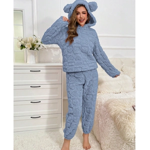 Women Heart Pattern Hooded Pajama Set Thick Warm Coral Fleece Home Wear Top And Bottom European Style Loungewear