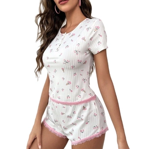 Women's floral short-sleeve pajama set with lace trim and round neck buttoned top