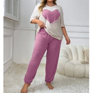 Detail of plus size loungewear set featuring ribbed fabric and pink heart print with text