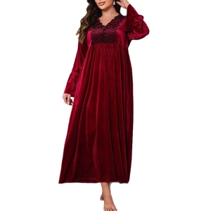 Burgundy velvet V-neck loungewear dress with black lace embroidery and ruffle sleeves