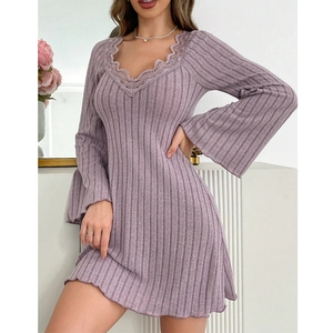 Detail of V-neck lace trim and ribbed texture on lavender long-sleeve pajama dress