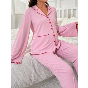 Pink ribbed long sleeve pajama set with contrast red trim for comfortable maternity wear