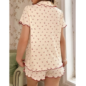 Sweet cherry print pajama set for women featuring short sleeves and lettuce trim