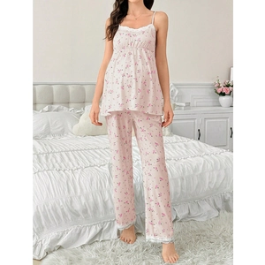 Three-piece maternity pajamas set with floral print top, long pants, and cardigan robe