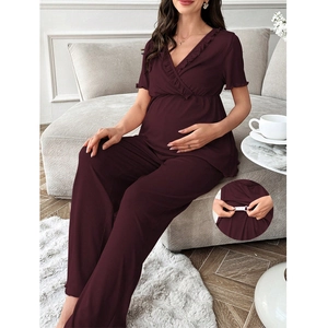 Two-piece wine red maternity sleepwear set with V-neck lace top and adjustable pants