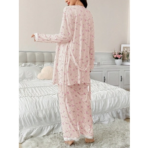 Three-piece floral maternity pajama set with lace-trimmed robe and trousers in soft pink