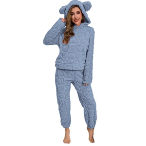 Plush light blue hooded pajamas set with bear ears and embossed heart pattern