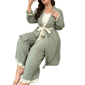 Three-piece sage green lounge set with lace trim robe camisole and pants for women