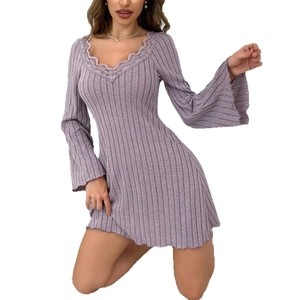 Light purple V-neck knit sleepwear dress with lace trim and elegant flared sleeves