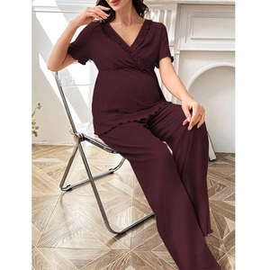 Burgundy short sleeve maternity pajama set with lace V-neck top and long pants