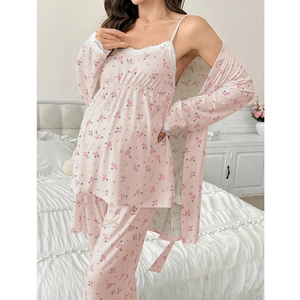 Maternity floral 3-piece pajama set with lace trim camisole, pants, and cardigan robe