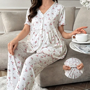 Floral maternity pajamas set with V-neck button top and adjustable waist pants