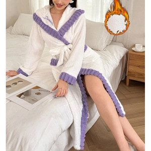 Thick warm coral fleece bathrobe for women with purple trim and waist tie design