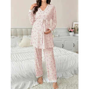 Pink floral maternity pajamas three-piece set with lace trim and belted cardigan top