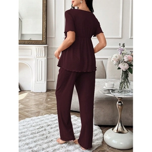 Deep red short sleeve loungewear set with ribbed texture and ruffle trim for women