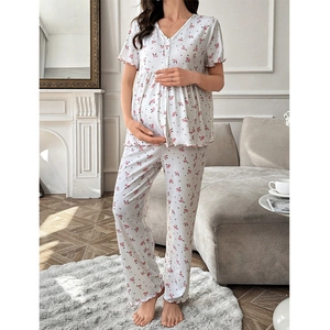 Floral maternity pajama set with short sleeves and pants in cream rib fabric