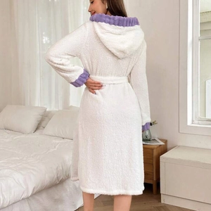 Women's thick coral fleece hooded bathrobe with purple contrast wavy trim and waist belt