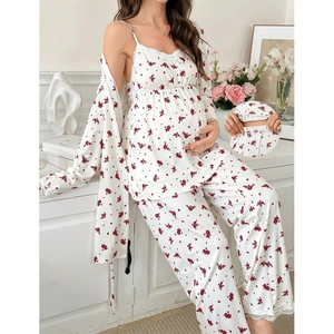 Detail view of floral maternity loungewear featuring adjustable elastic waistband design