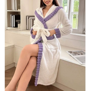 White coral fleece hooded bathrobe with purple ruffle trim and Sunshine embroidery