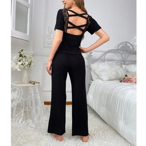 Women Sexy Backless Loungewear Ribbed Knitted Round Neck Short Sleeve Top And Wide Leg Pants Lace Patchwork Casual Home Wear