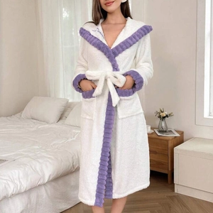 Thick coral fleece bathrobe for women with purple wavy trim and blue chest embroidery