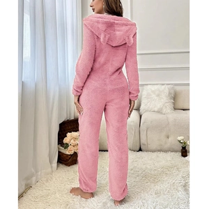 Mono de peluche rosa con orejas de animales para mujer, pijama de invierno muy acogedor