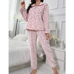 Pink heart print fleece pajama set for women with long sleeve half-zip top and pants